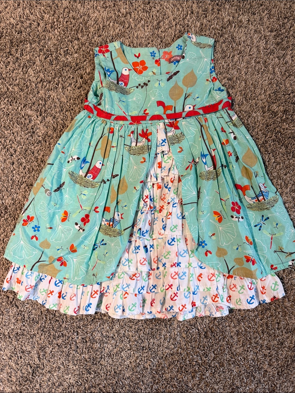 Jelly The Pug Aqua Floral & Bird Print Dress with Red Trim
